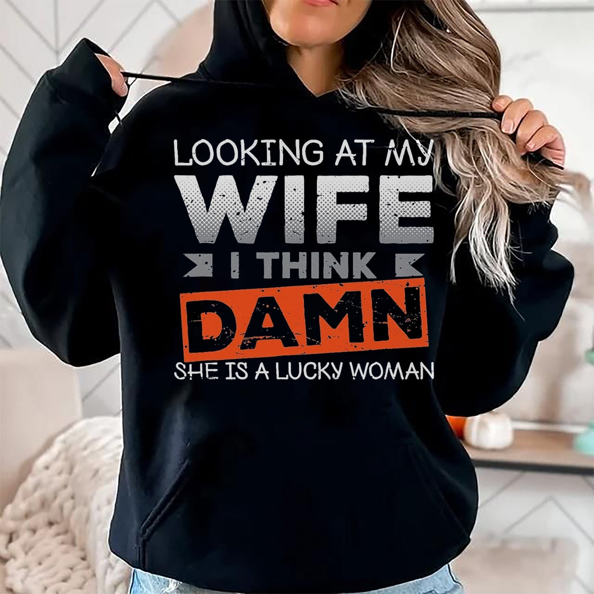 Best Husband Shirt, Wife and Husband Unisex T-Shirt/Hoodie/Sweatshirt HLT00 - Looking At My Wife I Think Damn She_s A Lucky Woman T-Shirt, Men, Black, 3X-Large