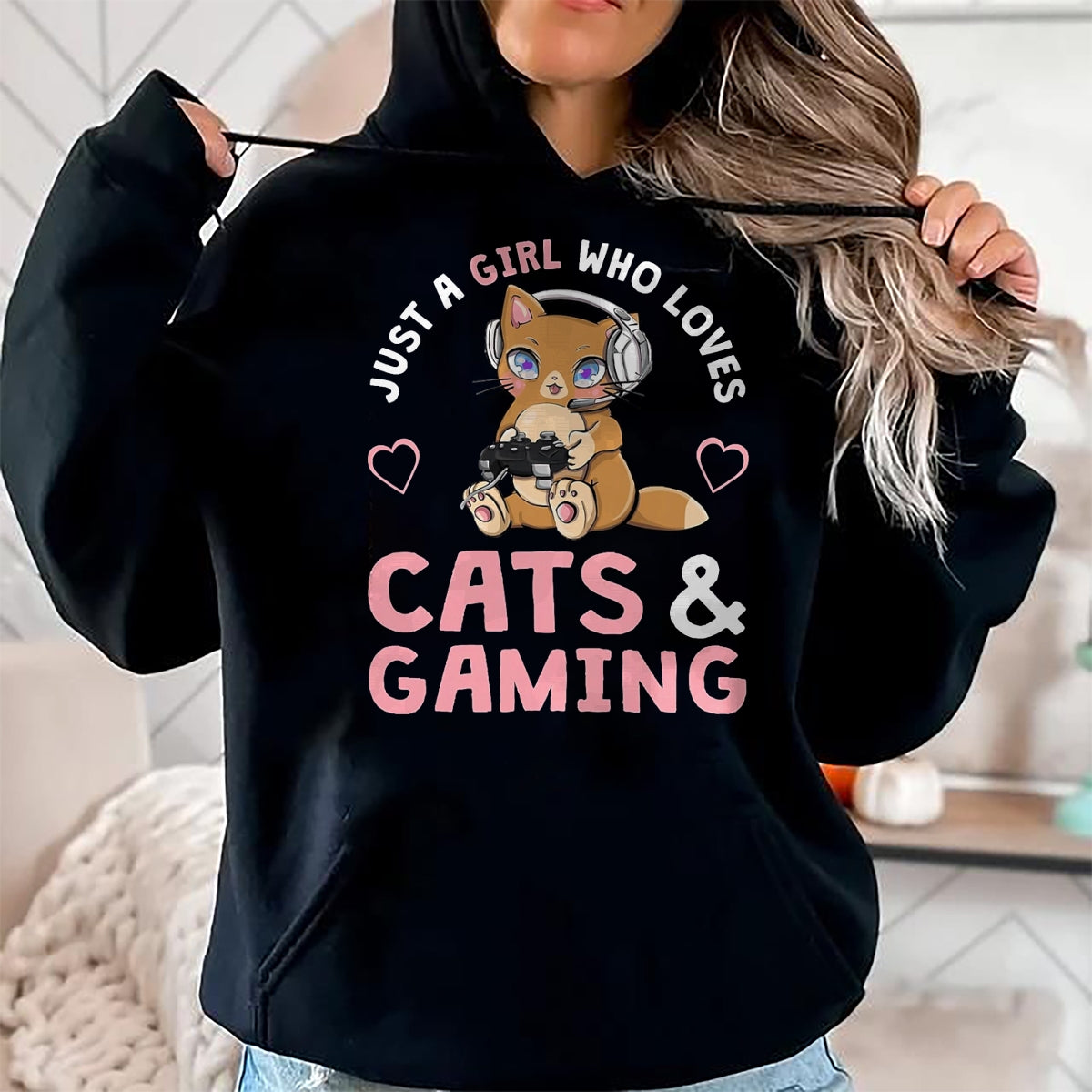 Cat Love Shirt, Funny Cat Lover Gift UnisexT-Shirt/Hoodie/Sweatshirt HLT00 - Just A Girl Who Loves Cats and Gaming Cute Gamer Cat T-Shirt, Men, Black, X-Large