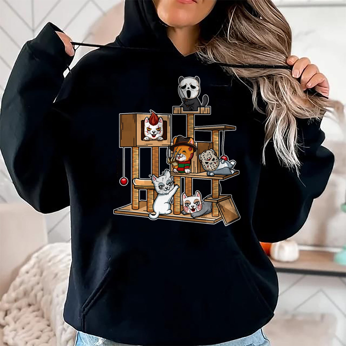 Cat Love Shirt, Funny Cat Lover Gift UnisexT-Shirt/Hoodie/Sweatshirt HLT00 - Funny Horror Movie Kitten Playing On Cat Tree T-Shirt