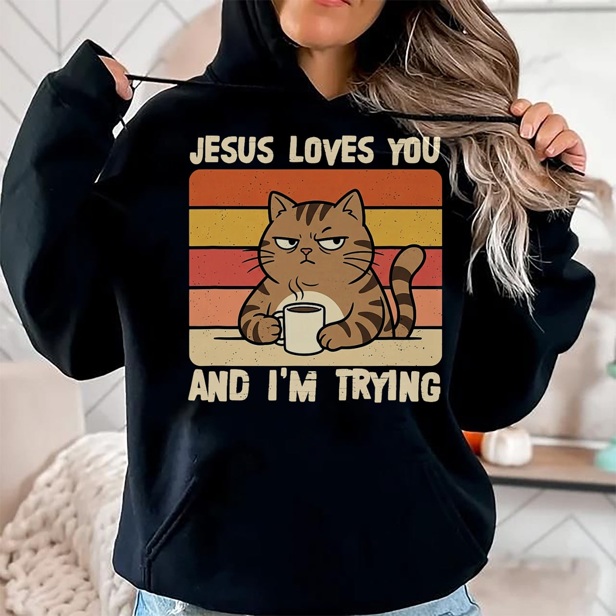 Cat Love Shirt, Funny Cat Lover Gift UnisexT-Shirt/Hoodie/Sweatshirt HLT00 - Jesus Loves You and I_m-Trying Funny Christian Cat Meme T-Shirt (1)