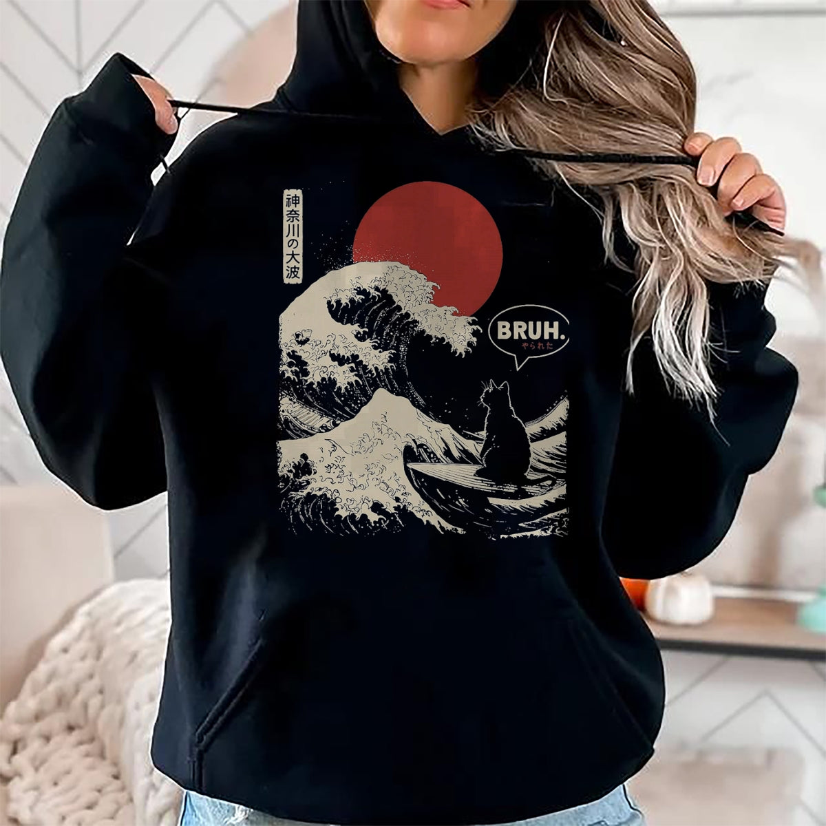 Cat Love Shirt, Funny Cat Lover Gift UnisexT-Shirt/Hoodie/Sweatshirt HLT00 - Bruh. The Great Wave Kanagawa Funny Japanese Surfing Cat T-Shirt, Men, Black, Large