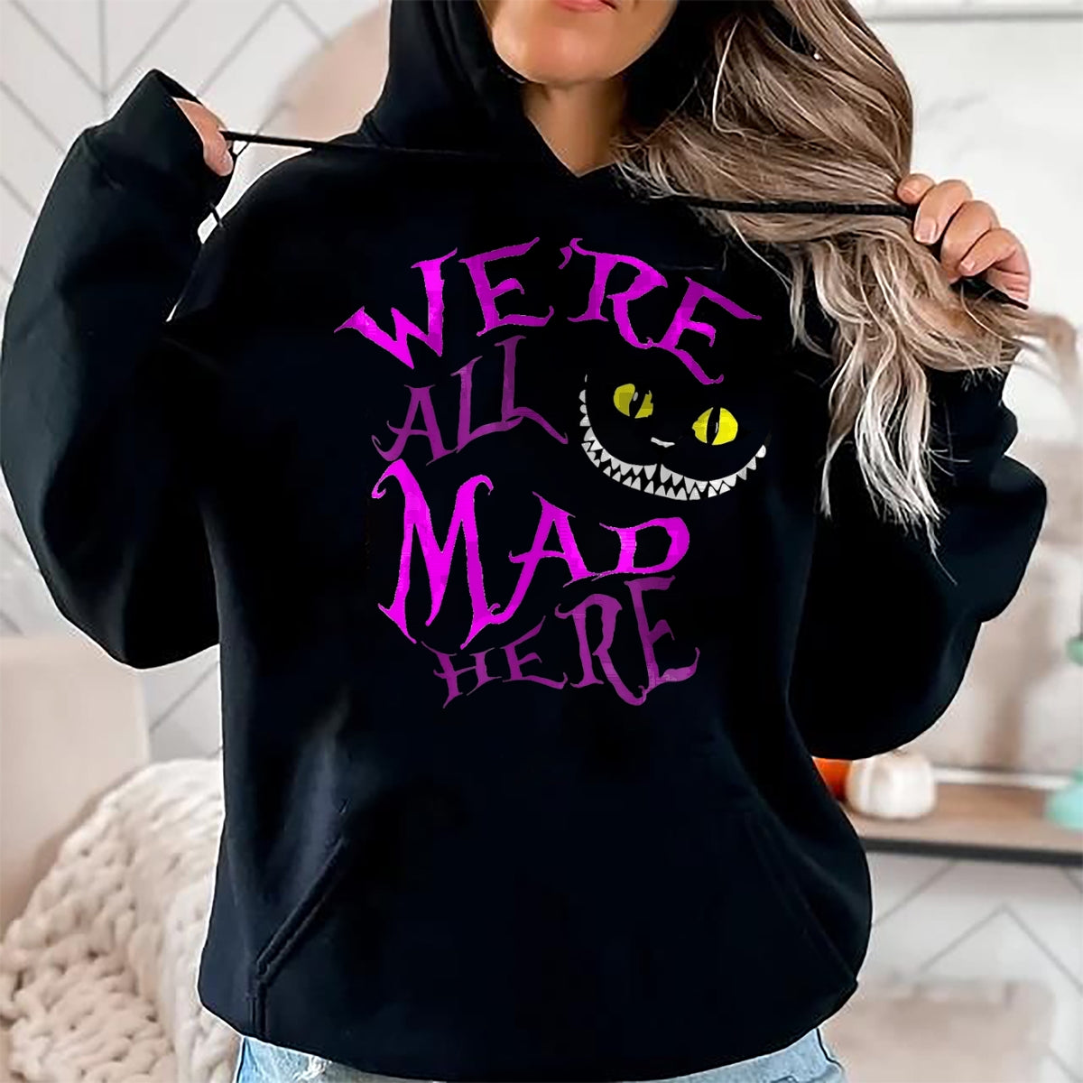 Cat Love Shirt, Funny Cat Lover Gift UnisexT-Shirt/Hoodie/Sweatshirt HLT00 - Cheshire Cat - We_re All Mad Here T-Shirt, Women, Black, Large