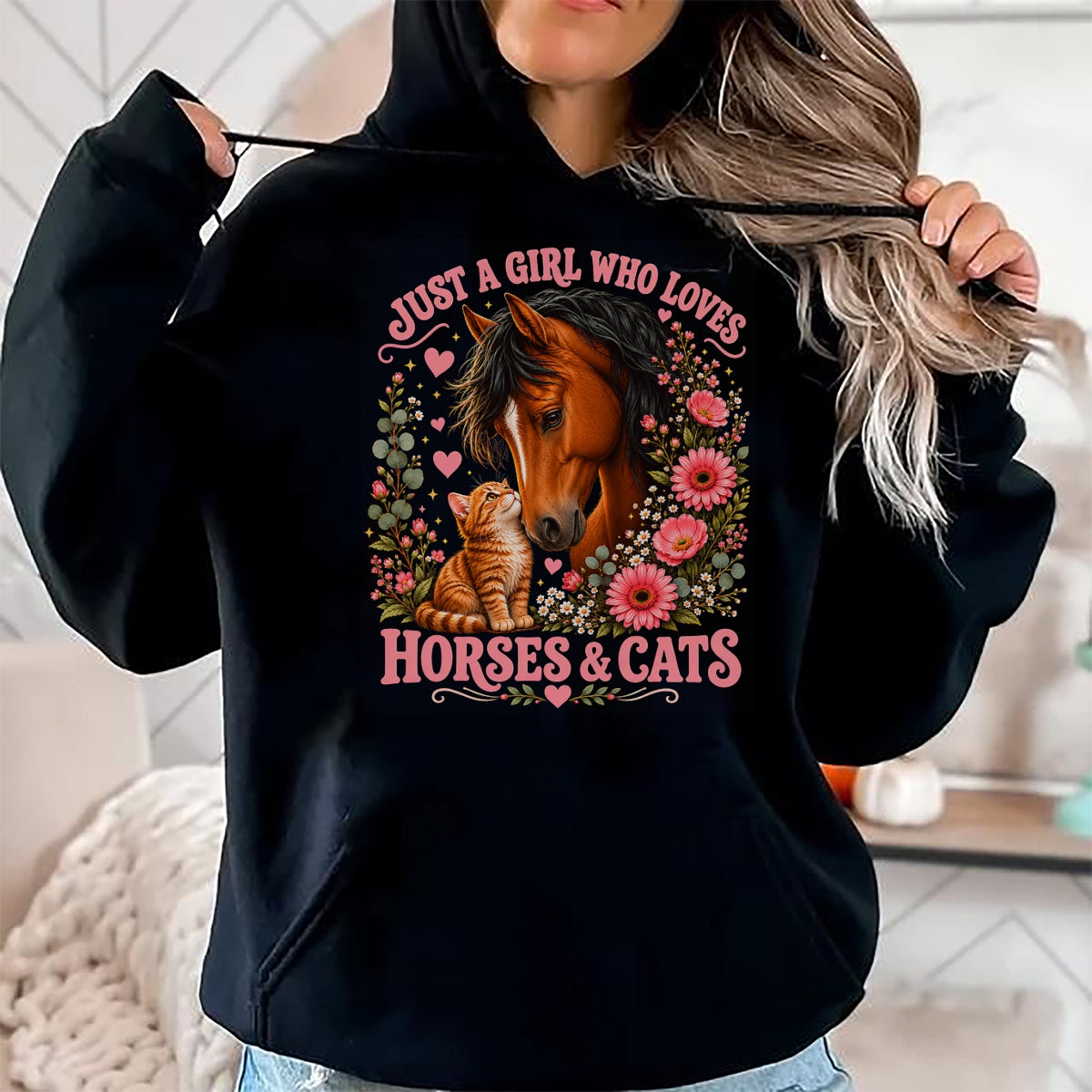 Cat Love Shirt, Funny Cat Lover Gift UnisexT-Shirt/Hoodie/Sweatshirt HLT00 - Just a Girl Who Loves Horses and Cats Floral Animal Lover T-Shirt