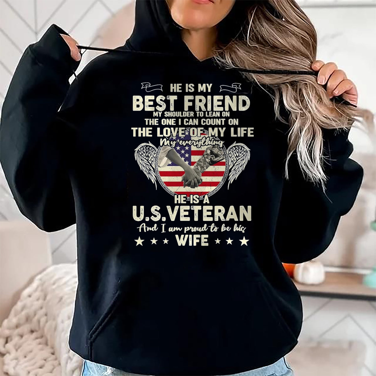 Best Husband Shirt, Wife and Husband Unisex T-Shirt/Hoodie/Sweatshirt HLT00 - Proud U.S. Veteran Wife Love & Support T-Shirt, Men, Black, 3X-Large