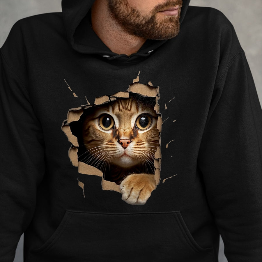 Cat Love Shirt, Funny Cat Lover Gift UnisexT-Shirt/Hoodie/Sweatshirt HLT00 - Cute Kitten Looks from Torn Fabric - Cats T-Shirt, Men, Olive Green, X-Large