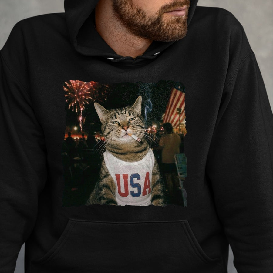 Cat Love Shirt, Funny Cat Lover Gift UnisexT-Shirt/Hoodie/Sweatshirt HLT00 - July 4th Patriotic Cat Smoking Cigarette 250 Years Cat Lover T-Shirt