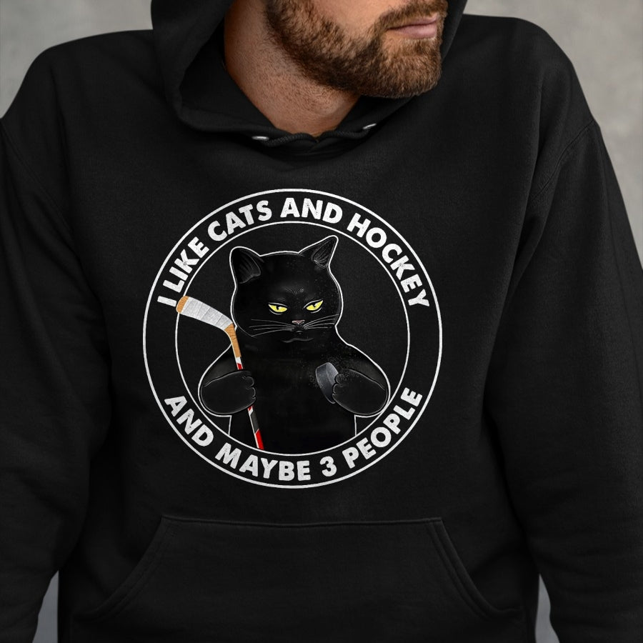 Cat Love Shirt, Funny Cat Lover Gift UnisexT-Shirt/Hoodie/Sweatshirt HLT00 - I Like Cats and Hockey and Maybe 3 People Funny Black Cats T-Shirt, Men, Black, 3X-Large