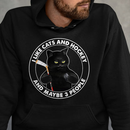 Cat Love Shirt, Funny Cat Lover Gift UnisexT-Shirt/Hoodie/Sweatshirt HLT00 - I Like Cats and Hockey and Maybe 3 People Funny Black Cats T-Shirt, Men, Black, 3X-Large
