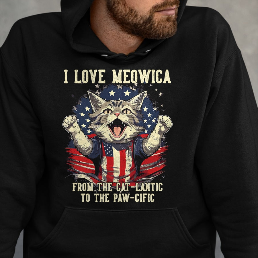 Cat Love Shirt, Funny Cat Lover Gift UnisexT-Shirt/Hoodie/Sweatshirt HLT00 - 4th July Cat Lover, I Love Meowica Patriotic Funny Happy Cat T-Shirt