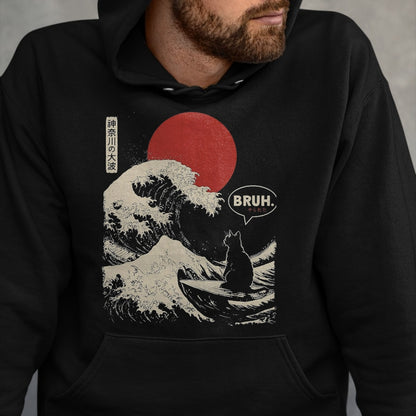 Cat Love Shirt, Funny Cat Lover Gift UnisexT-Shirt/Hoodie/Sweatshirt HLT00 - Bruh. The Great Wave Kanagawa Funny Japanese Surfing Cat T-Shirt, Men, Black, Large