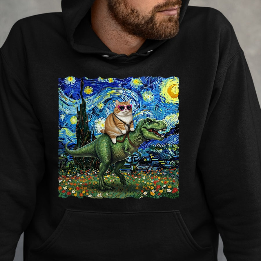Cat Love Shirt, Funny Cat Lover Gift UnisexT-Shirt/Hoodie/Sweatshirt HLT00 - Cat Riding Dinosaur T-Rex Starry Night Van Gogh Cat Lover T-Shirt