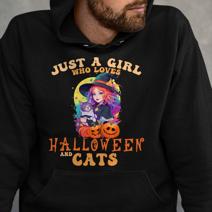 Shirt, Funny Cat Lover Gift UnisexT-Shirt/Hoodie/Sweatshirt HLT00 - Just A Girl Who Loves Halloween and Cats Spooky Fall Pumpkin T-Shirt (1)