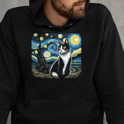 Cat Love Shirt, Funny Cat Lover Gift UnisexT-Shirt/Hoodie/Sweatshirt HLT00 - Tuxedo Cat Starry Night Painting Tuxedo Cat Owner T-Shirt, Men, Black, 3X-Large