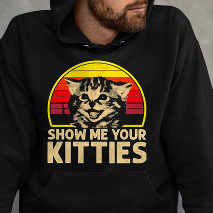 Cat Love Shirt, Funny Cat Lover Gift UnisexT-Shirt/Hoodie/Sweatshirt HLT00 - Show me Your Kitties Cat Lover Retro Vintage Sunset T-Shirt, Men, Black, 3X-Large