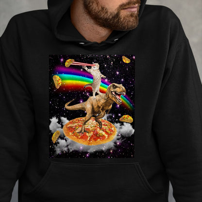 Cat Love Shirt, Funny Cat Lover Gift UnisexT-Shirt/Hoodie/Sweatshirt HLT00 - Galaxy Laser Cat on Dinosaur on Pizza with Tacos & Rainbow T-Shirt