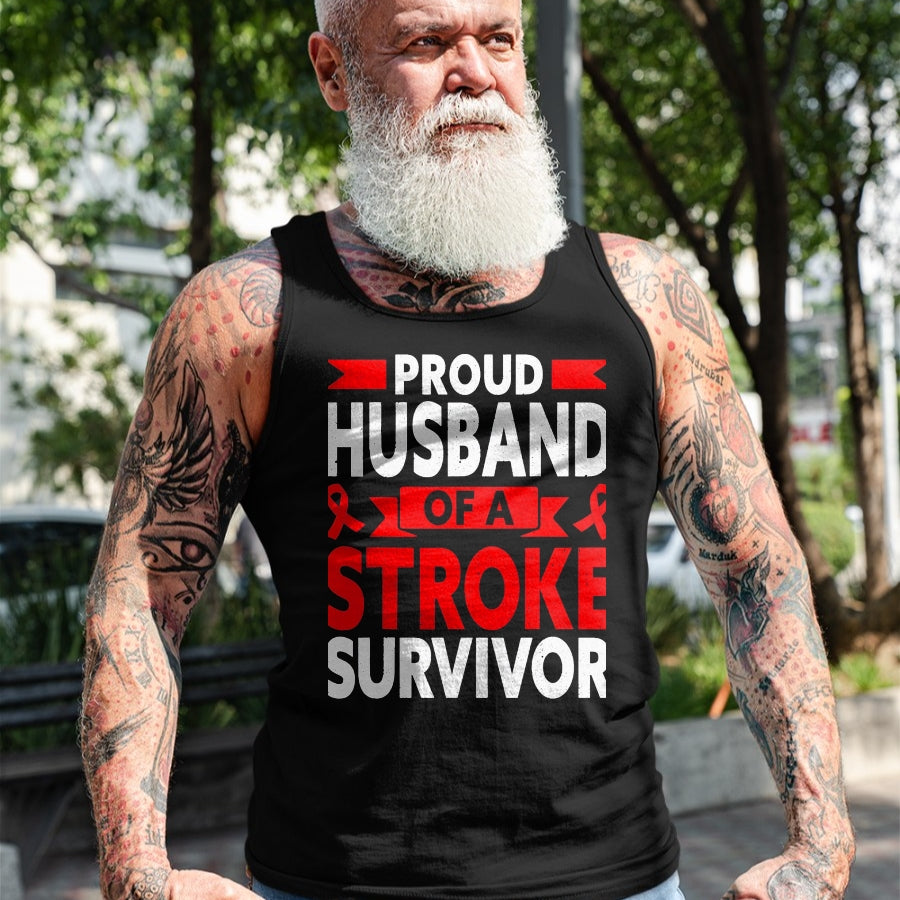Best Husband Shirt, Wife and Husband Unisex T-Shirt/Hoodie/Sweatshirt HLT00 - Proud Husband of A Stroke Survivor Red Ribbon Support T-Shirt, Men, Heather Blue, 4X-Large