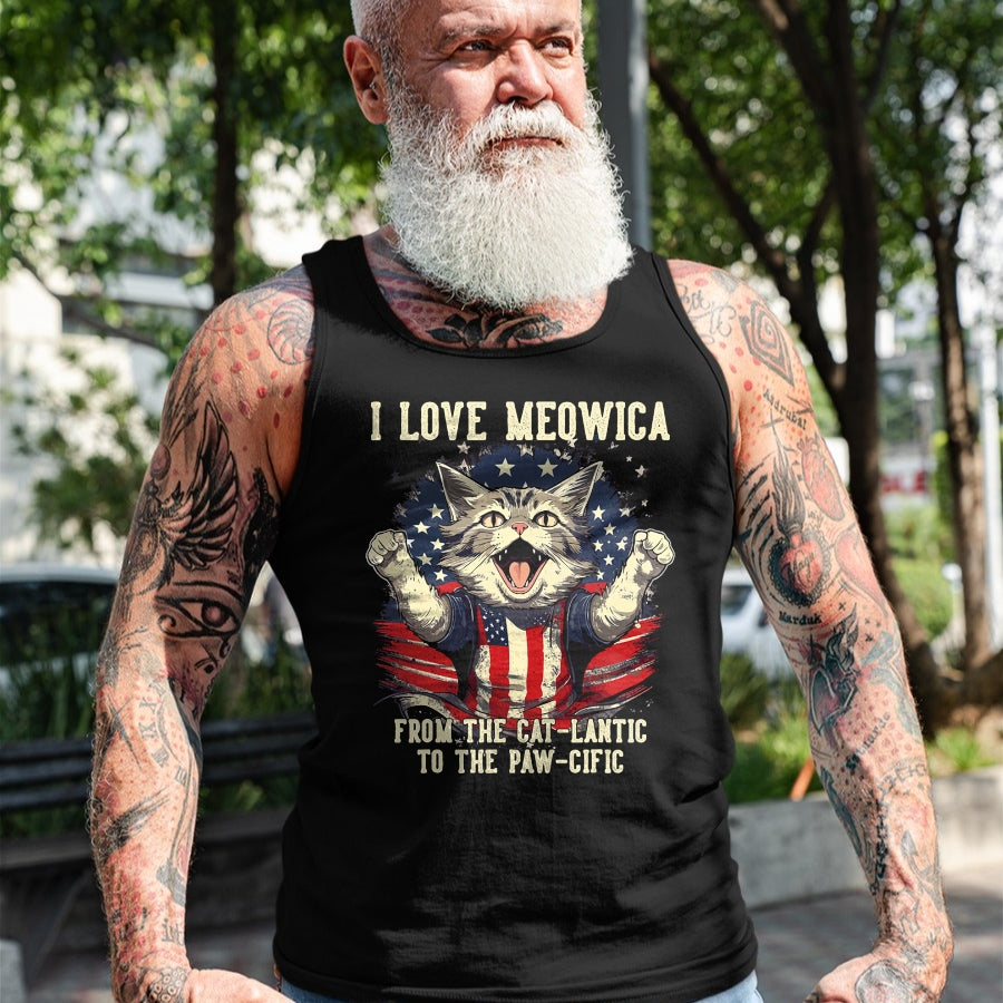 Cat Love Shirt, Funny Cat Lover Gift UnisexT-Shirt/Hoodie/Sweatshirt HLT00 - 4th July Cat Lover, I Love Meowica Patriotic Funny Happy Cat T-Shirt
