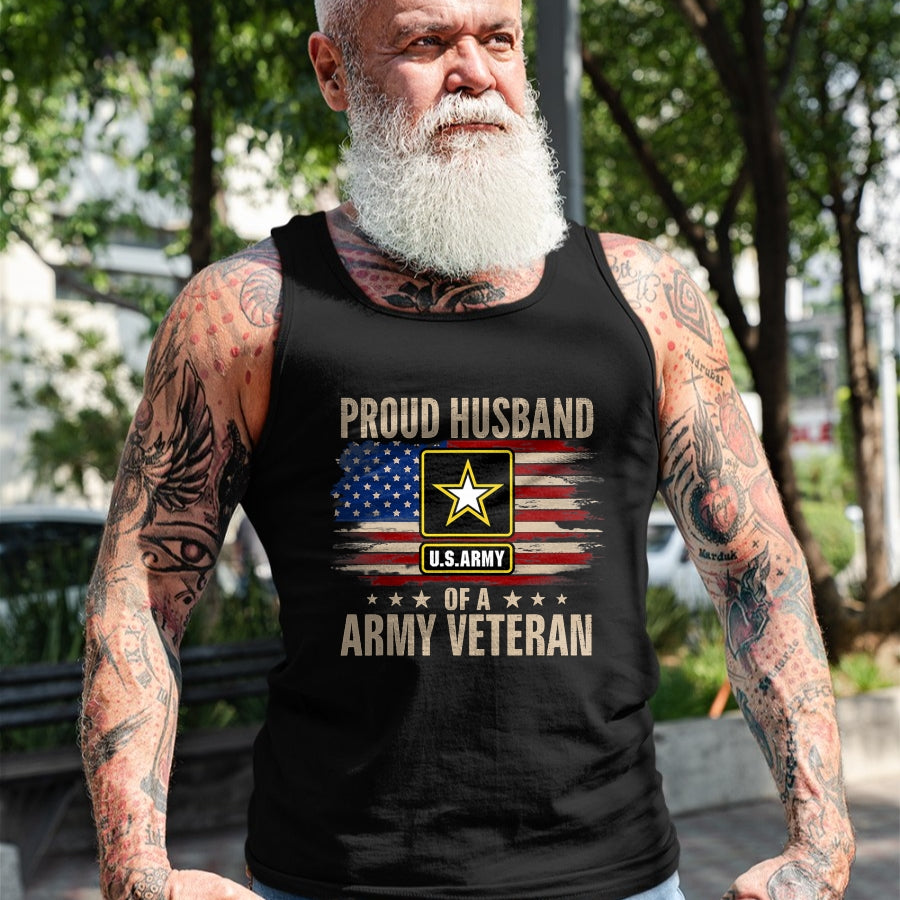Best Husband Shirt, Wife and Husband Unisex T-Shirt/Hoodie/Sweatshirt HLT00 - Vintage Proud Husband Of A Army Veteran With American Flag T-Shirt