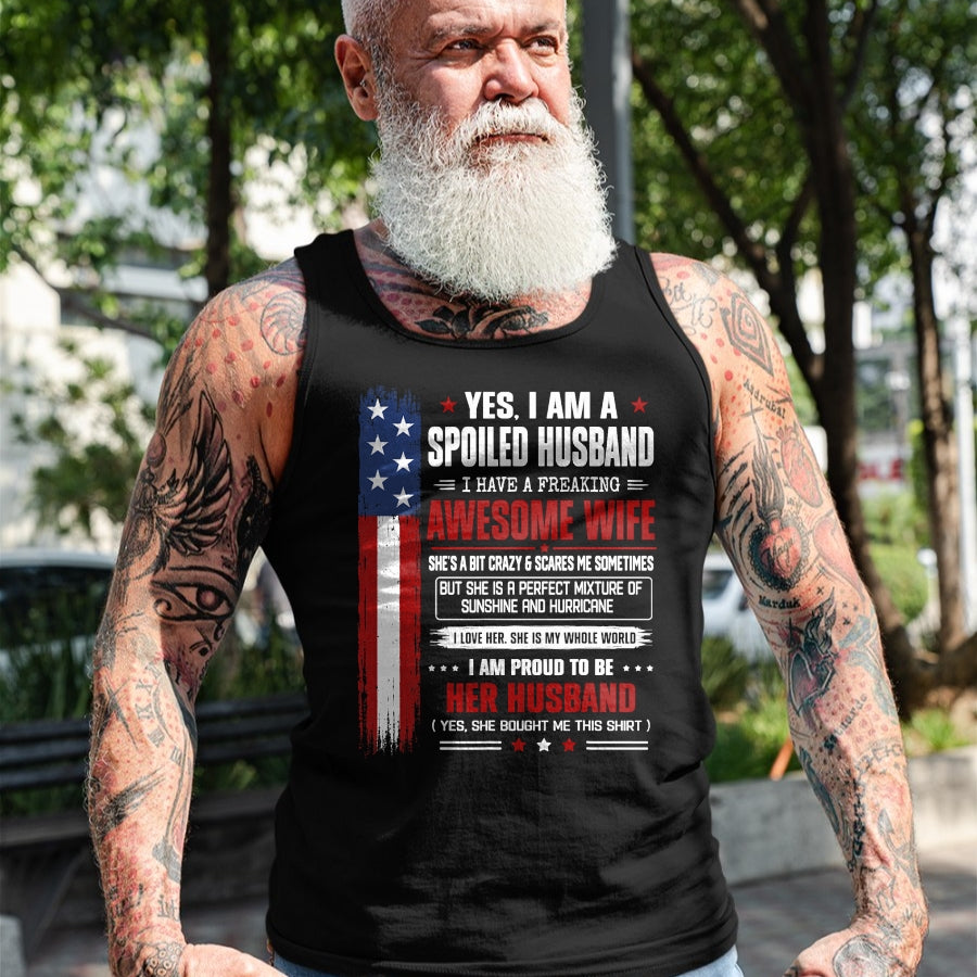 Best Husband Shirt, Wife and Husband Unisex T-Shirt/Hoodie/Sweatshirt HLT00 - Yes I_m a Spoiled Husband I Have an Awesome Wife USA Flag T-Shirt