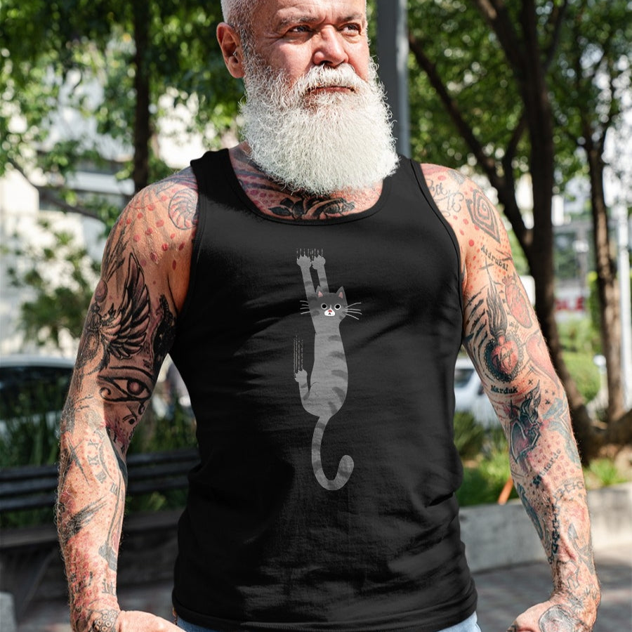 Cat Love Shirt, Funny Cat Lover Gift UnisexT-Shirt/Hoodie/Sweatshirt HLT00 - Grey Tabby Cat Hanging On Funny Gray Striped Cat Holding On T-Shirt