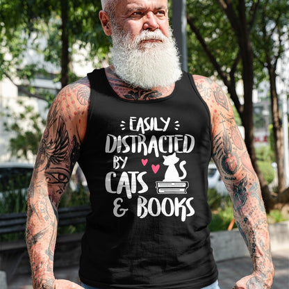 Cat Love Shirt, Funny Cat Lover Gift UnisexT-Shirt/Hoodie/Sweatshirt HLT00 - Easily Distracted by Cats and Books - Cat & Book Lover T-Shirt