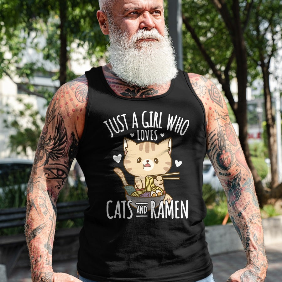 Cat Love Shirt, Funny Cat Lover Gift UnisexT-Shirt/Hoodie/Sweatshirt HLT00 - Just A Girl Who Loves Cats And Ramen T-Shirt