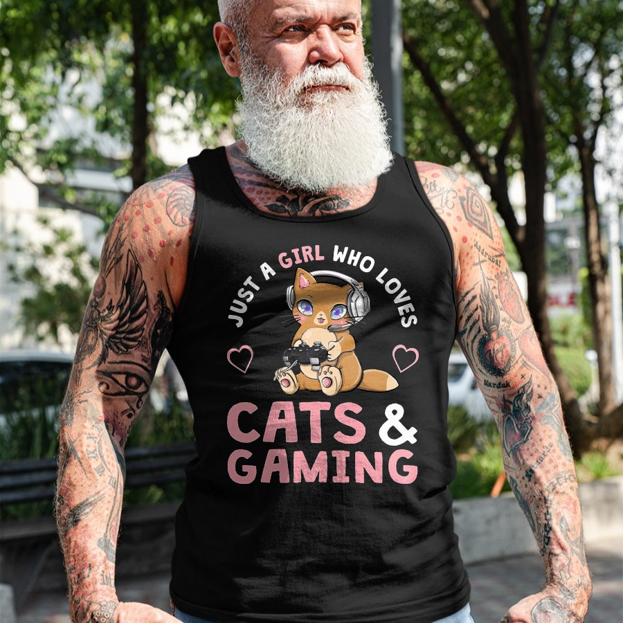 Cat Love Shirt, Funny Cat Lover Gift UnisexT-Shirt/Hoodie/Sweatshirt HLT00 - Just A Girl Who Loves Cats and Gaming Cute Gamer Cat T-Shirt, Men, Black, 3X-Large