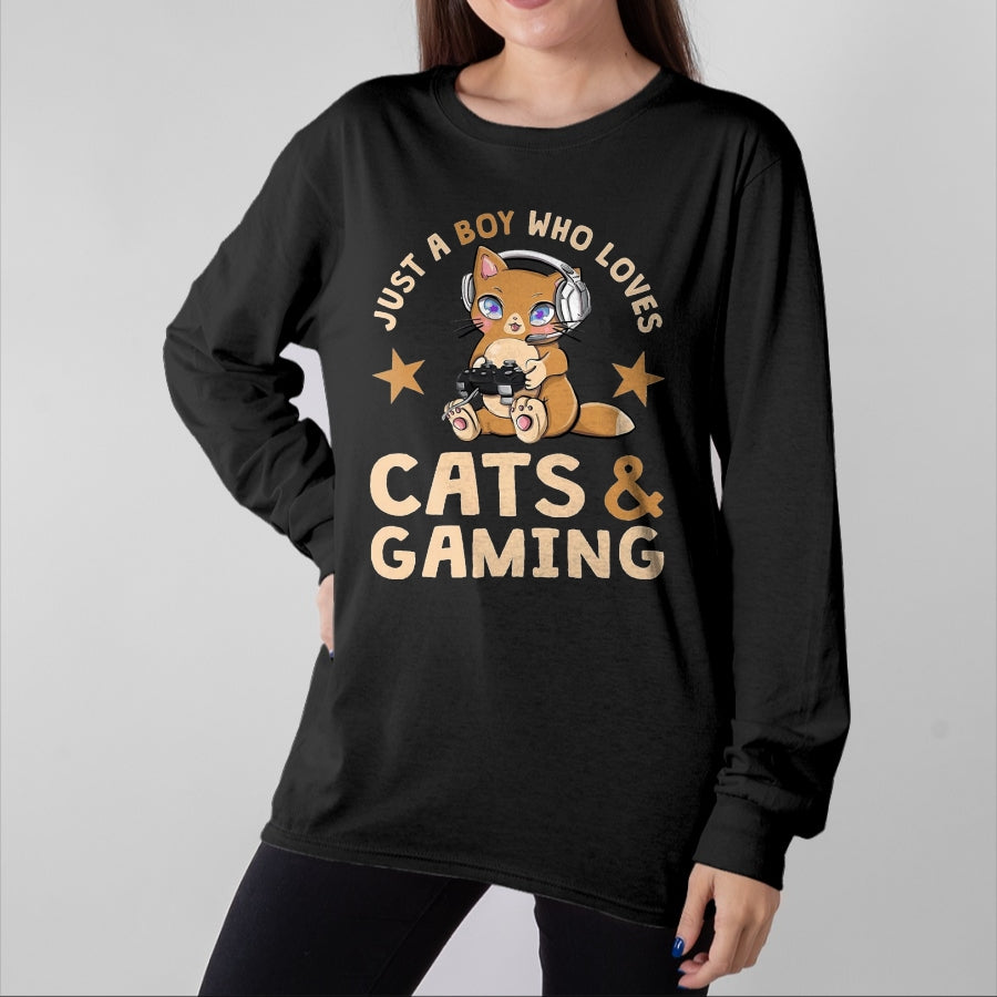 Cat Love Shirt, Funny Cat Lover Gift UnisexT-Shirt/Hoodie/Sweatshirt HLT00 - Just A Boy Who Loves Cats and Gaming Cute Gamer Cat T-Shirt, Men, Black, 3X-Large