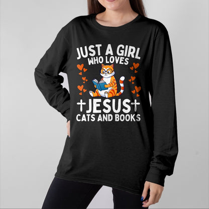 Cat Love Shirt, Funny Cat Lover Gift UnisexT-Shirt/Hoodie/Sweatshirt HLT00 - Just A Girl Who Loves Jesus Cats and Books Christian T-Shirt (1)