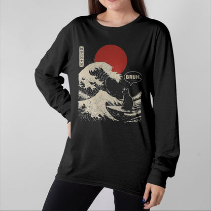 Cat Love Shirt, Funny Cat Lover Gift UnisexT-Shirt/Hoodie/Sweatshirt HLT00 - Bruh. The Great Wave Kanagawa Funny Japanese Surfing Cat T-Shirt, Men, Black, Large