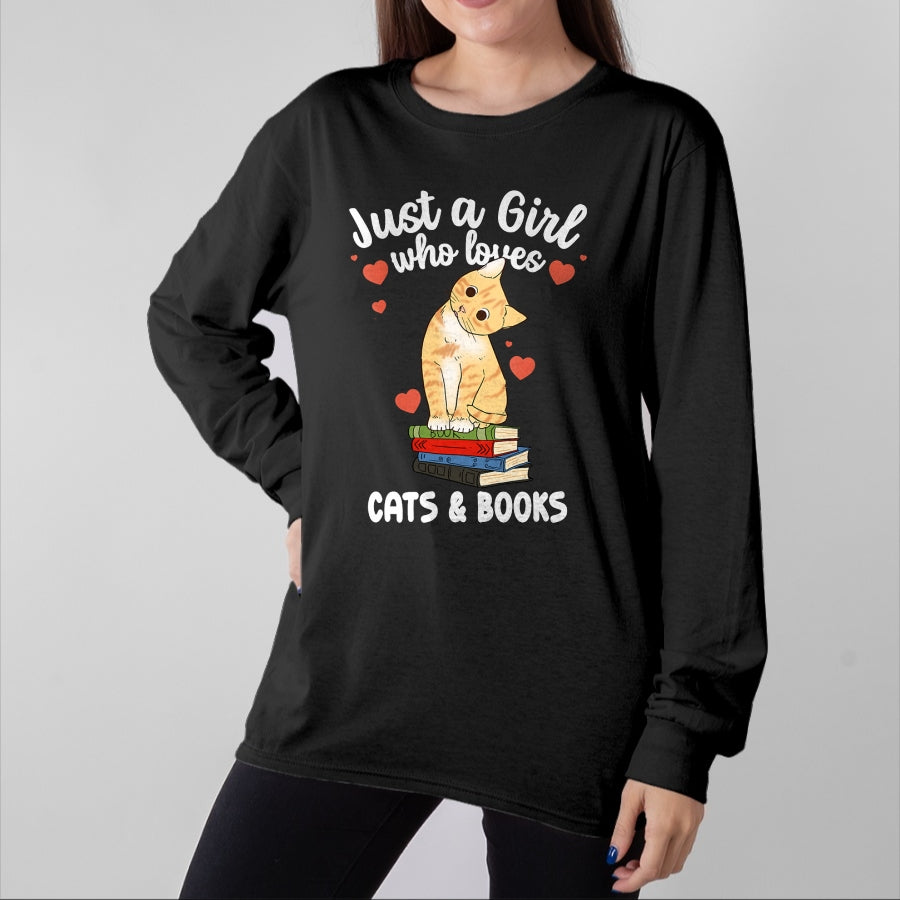 Cat Love Shirt, Funny Cat Lover Gift UnisexT-Shirt/Hoodie/Sweatshirt HLT00 - Just a Girl Who Loves Cats and Books Reading Cat & Bookworm T-Shirt