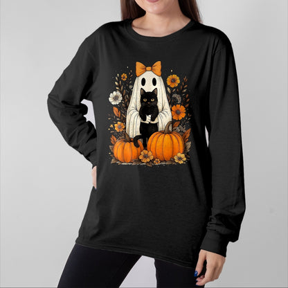 Cat Love Shirt, Funny Cat Lover Gift UnisexT-Shirt/Hoodie/Sweatshirt HLT00 - Vintage Halloween Ghost Holding Black Cat Groovy Floral T-Shirt, Women_s Plus, Black, 2X