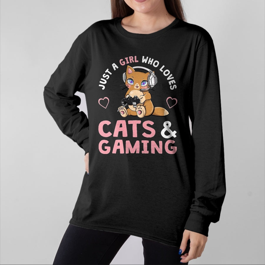 Cat Love Shirt, Funny Cat Lover Gift UnisexT-Shirt/Hoodie/Sweatshirt HLT00 - Just A Girl Who Loves Cats and Gaming Cute Gamer Cat T-Shirt, Men, Black, 3X-Large