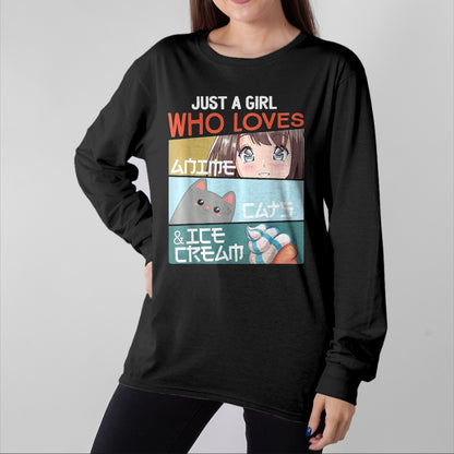 Cat Love Shirt, Funny Cat Lover Gift UnisexT-Shirt/Hoodie/Sweatshirt HLT00 - Just A Girl Who Loves Anime Cats Ice Cream Otaku Manga Lover T-Shirt, Women, Baby Blue, Large