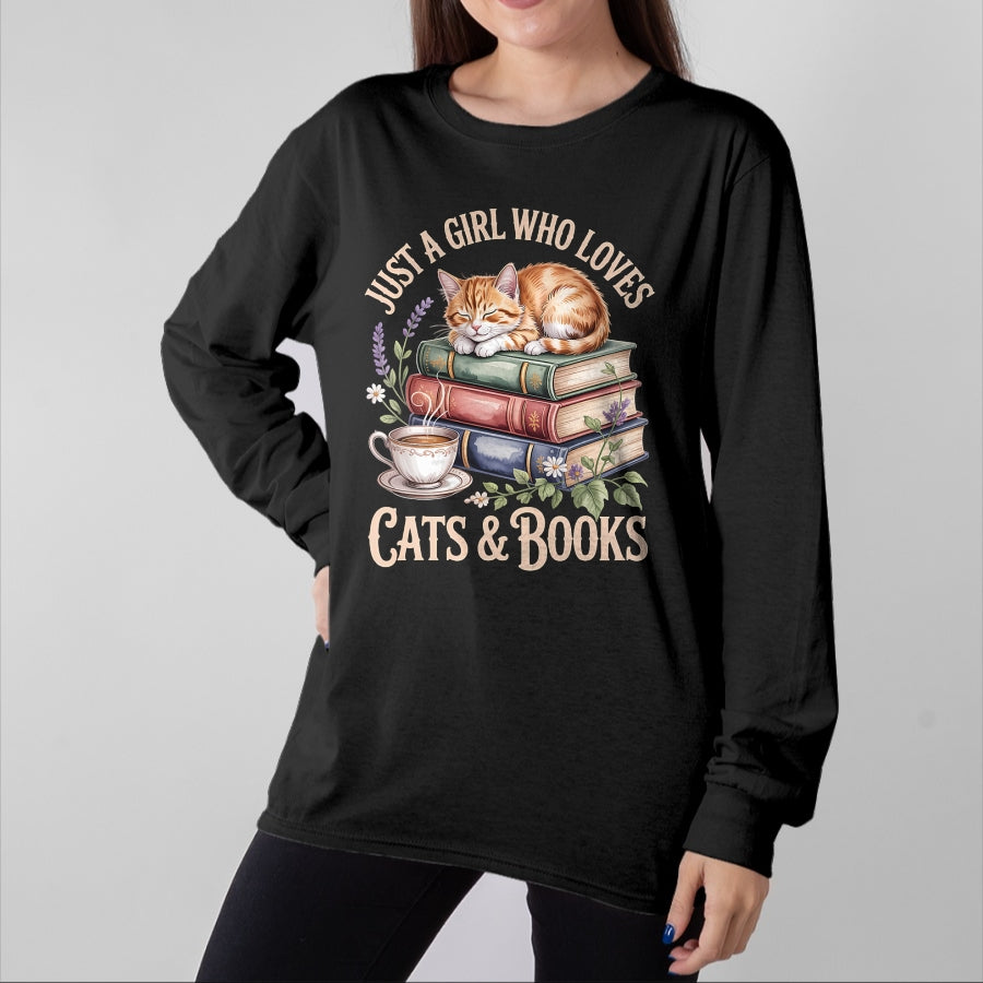 Cat Love Shirt, Funny Cat Lover Gift UnisexT-Shirt/Hoodie/Sweatshirt HLT00 - Just A Girl Who Loves Cats and Books Reading Librarian T-Shirt
