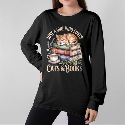 Cat Love Shirt, Funny Cat Lover Gift UnisexT-Shirt/Hoodie/Sweatshirt HLT00 - Just A Girl Who Loves Cats and Books Reading Librarian T-Shirt