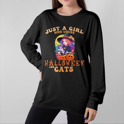 Shirt, Funny Cat Lover Gift UnisexT-Shirt/Hoodie/Sweatshirt HLT00 - Just A Girl Who Loves Halloween and Cats Spooky Fall Pumpkin T-Shirt (1)