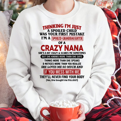 SPOILED GRANDDAUGHTER OF A CRAZY NANA T-SHIRT - From grandma to granddaughter - NINA00 (SKU07-129-00)
