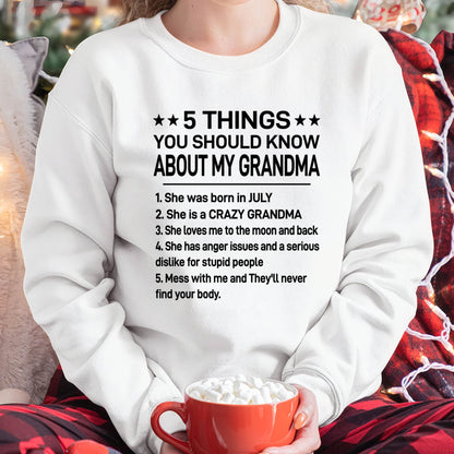 JULY - 5 THINGS YOU SHOULD KNOW ABOUT MY GRANDMA - CRAZY GRANDMA - LOVES ME TO THE MOON & BACK - PERFECT GIFT FROM GRANDMA - LUAN07 (SKU2610-171-07)