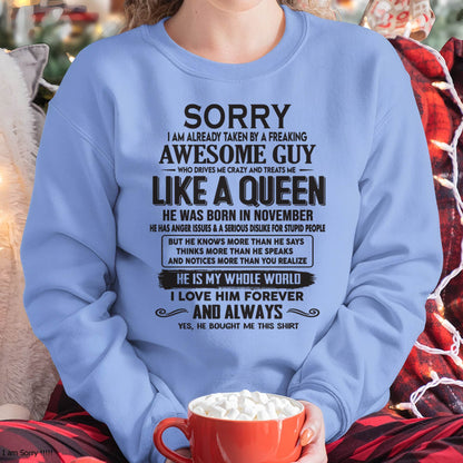 November - Sorry I am already taken by a freaking awesome guy - Gift for Wife From Husband - LUAN11 (SKU08-25-11)