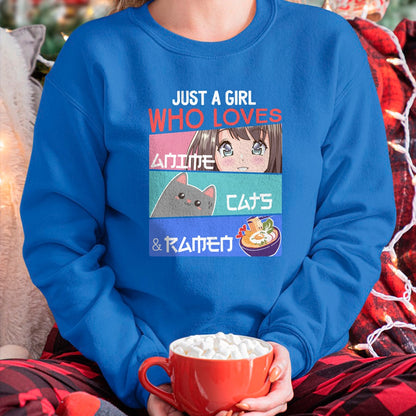 Cat Love Shirt, Funny Cat Lover Gift UnisexT-Shirt/Hoodie/Sweatshirt HLT00 - Just A Girl Who Loves Anime Cats & Ramen Lover Kawaii Otaku Long Sleeve T-Shirt