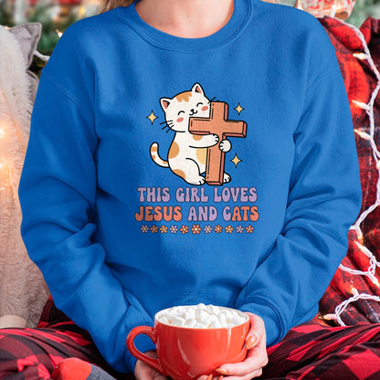Cat Love Shirt, Funny Cat Lover Gift UnisexT-Shirt/Hoodie/Sweatshirt HLT00 - Christian This Girl Loves Jesus and Cats Cat Hugging Cross T-Shirt (1)