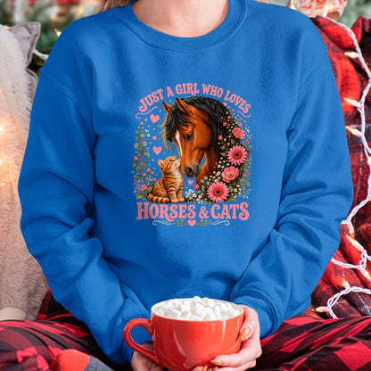 Cat Love Shirt, Funny Cat Lover Gift UnisexT-Shirt/Hoodie/Sweatshirt HLT00 - Just a Girl Who Loves Horses and Cats Floral Animal Lover T-Shirt