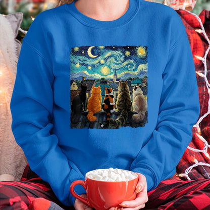 Cat Love Shirt, Funny Cat Lover Gift UnisexT-Shirt/Hoodie/Sweatshirt HLT00 - Funny Cat Starry Night Van Gogh Cats Rooftop Scene Feline T-Shirt, Women, Black, 3X-Large