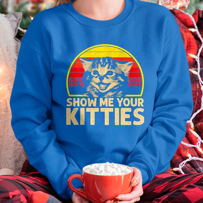 Cat Love Shirt, Funny Cat Lover Gift UnisexT-Shirt/Hoodie/Sweatshirt HLT00 - Show me Your Kitties Cat Lover Retro Vintage Sunset T-Shirt, Men, Black, 3X-Large