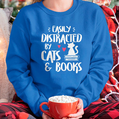 Cat Love Shirt, Funny Cat Lover Gift UnisexT-Shirt/Hoodie/Sweatshirt HLT00 - Easily Distracted by Cats and Books - Cat & Book Lover T-Shirt