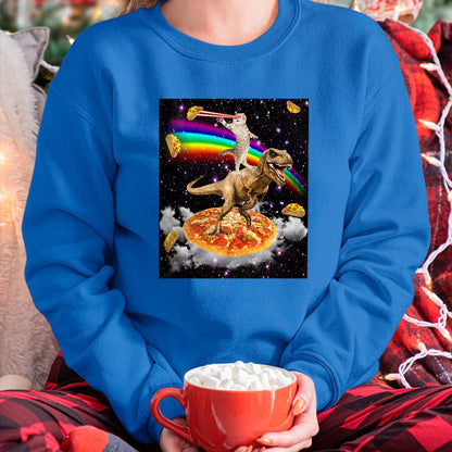 Cat Love Shirt, Funny Cat Lover Gift UnisexT-Shirt/Hoodie/Sweatshirt HLT00 - Galaxy Laser Cat on Dinosaur on Pizza with Tacos & Rainbow T-Shirt