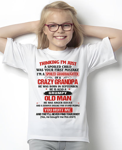 Spoiled Granddaughter of a Crazy Grandpa Shirt – Birthday Gift from September Grandpa / Man - luan09 (SKU12-200-09)