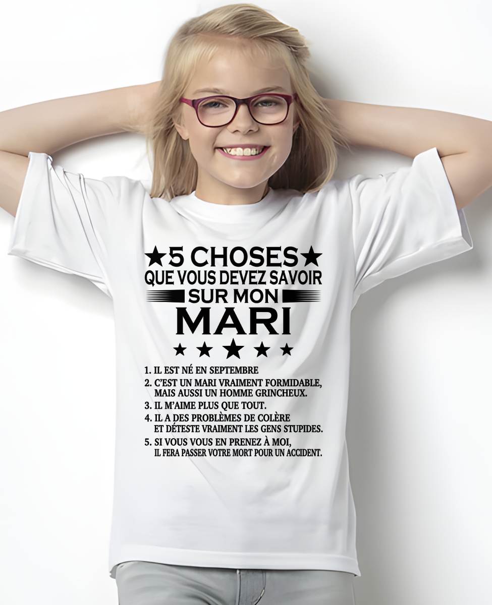 SEPTEMBRE - 5 CHOSES QUE VOUS DEVEZ SAVOIR SUR MON MARI - T-SHIRT CADEAU DU MARI - FR/LUAN09 (SKU2605-257-09)