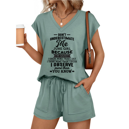 JUNE - DON'T UNDERESTIMATE ME I OBSERVE MORE THAN YOU KNOW- V-NECK SHORT-SLEEVED SHIRT AND SHORTS SET FOR WOMEN A09-762 LUAN06 (SKU2607-41-06)